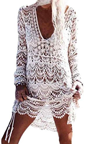 JFAN Mujeres Encaje Ganchillo Hueco V Cuello Vestido De Playa Bikini Cover Up Sexy Kaftan TúNica Playa Traje De Baño Vestidos Tejidos Crochet Mujeres