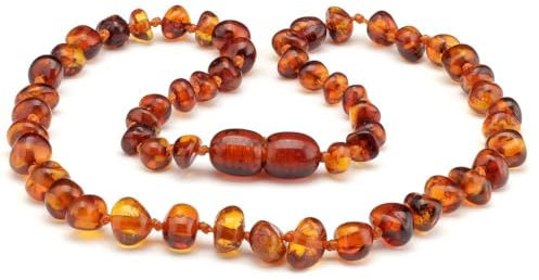 Baby J's - Cognac Amber Necklace - 100% Baltic Amber & Semi-Precious Stones - Knotted to Prevent Scattering - With Gift Pouch and Certificate of Authenticity - 32cm