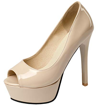 MISSUIT Damen Stiletto High Heels Plateau Peeptoe Pumps Lack Pfennigabsatz 12cm Absatz Schuhe(Beige,38)