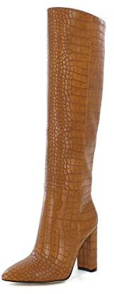 QUEEN HELENA Stivali Alti al Ginocchio a Punta Eleganti Casual con Tacco Semplici Comodi Senza Chiusura Donna K2010 (BRONZO, numeric_39)