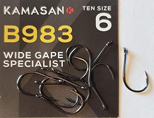 KAMASAN B983 WIDE GAPE SIZE 6 FISHING HOOKS WITH ANGLED EYE CARP COARSE TACKLE PERCH DROP SHOT DROPSHOTTING (10 HOOKS PER PACKET)