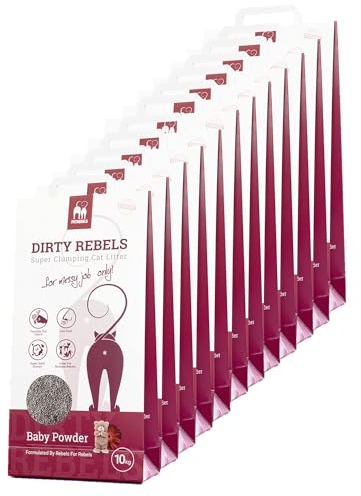 Petrebels Katzenstreu Dirty Rebels, 12x 10 Liter, Babypuderduft, 100% Natürlich, 12er-Pack