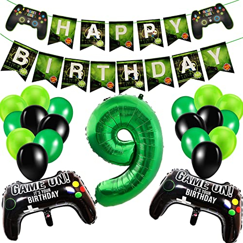 Geburtstagsdeko Jungen 9 Jahre, Gamer Deko Geburtstag, Happy Birthday Girlande Banner Deko Junge, Gamecontroller Luftballons Schwarz Grün Ballons Set für Kinder Videospiel Thema Party Zubehör