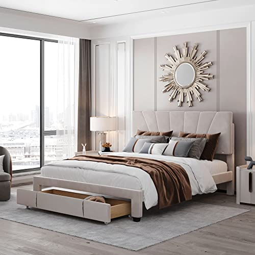 ModernLuxe Bett Samtstoff, Einzelbett/Doppelbett, Polsterbett mit Schubladen, Rückenlehne und Lattenrost, Höhenverstellbares Kopfteil,Jugendbett Gästebett (ohne Matratze) (Beige B, 140 x 200cm)