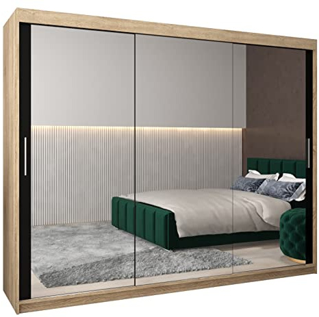 MEBLE KRYSPOL Tokyo 3 250 Schlafzimmerschrank mit DREI Schiebetüren, Spiegel, Kleiderstange und Regalen – 250x200x62cm - Sonoma + Mattschwarz