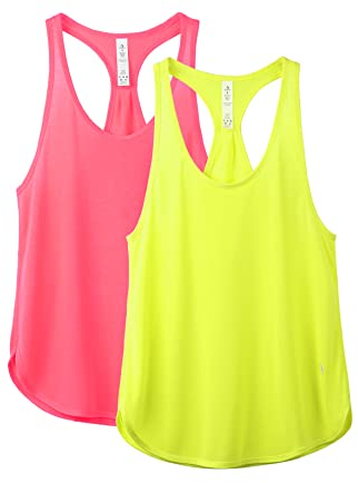 icyzone Damen Sport Top Locker Fitness Yoga Shirt Racerback Tank Tops Sport Oberteile, 2er Pack (S, Neon Pink/Neon Yellow)