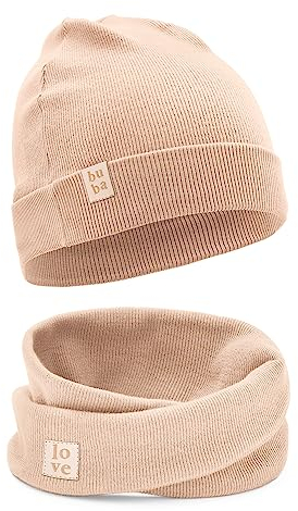 Bubalove Mützen und Schalset für Jungen, Mädchen, Baby, Größen 0mc bis 12 Jahre+ viele Farben, Frühlings-, Herbstsets, Baumwollmützen, handgenäht (46-52 cm, beige)