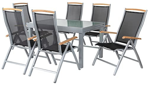 ib style® Diplomat Silber XXL Ausziehtisch 135-270 cm | Premium Gartengarnitur | Gartentisch mit Sicherheitsglas| inkl. 6 Klappstühle