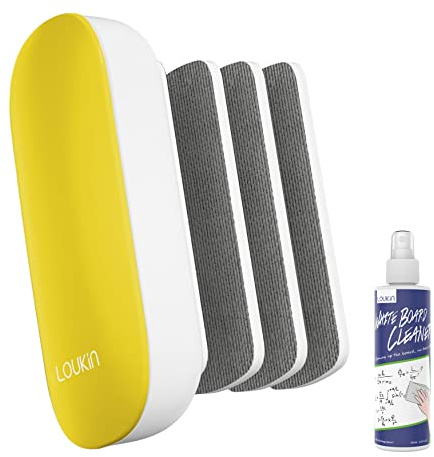Loukin Magnetic Eraser for Whiteboard and Glass With 3 Replaceable Felt Pads, 4-in-1 (Yellow) - Includes 3.4 fl oz Cleaner