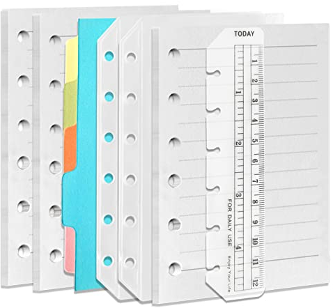 DY.2ten Nachfüllbares A7 Notizbuch-Set, 3 Pack A7 liniertes Nachfüllpapier, A7 transparente Reißverschluss-Bindertaschen, A7 Trennblätter, A7 Linealmarker, Papiermine für 6-Ring-A5-Binder, Planer