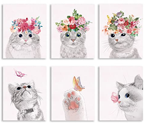 SUPERDANT 6 Stück Katze Schmetterling Ungerahmt Leinwand Wandkunst Schmetterling Badezimmer Bild Dekor Poster Tragen Blumen Schmetterlinge Band Süße Tiere Leinwanddruck Kunstwerk Wanddekoration