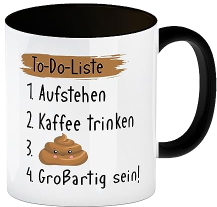 To-Do Liste Morgenroutine Kaffeebecher in schwarz mit Spruch Tasse für Morgenmuffel auf der Arbeit Homeoffice Kaffeetasse Aufstehen witzig
