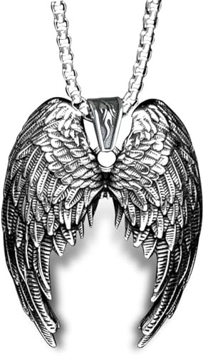 bahamut Guardian Angel's Wings Necklace for Men Women Stainless Steel Colorful/Gold/Silver Wings Pendant,Cool chain (Dark silver wings)