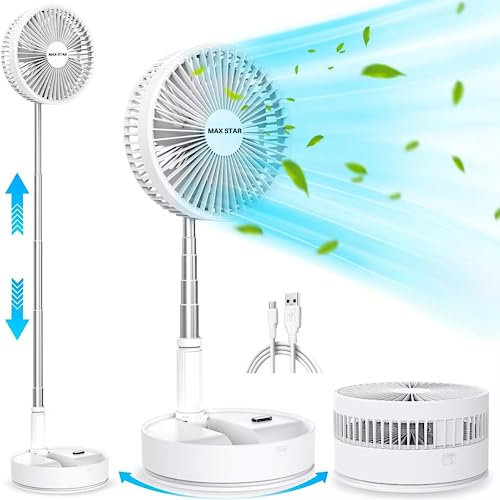 Max Star Ventilador Portátil USB, Recargable, Plegable Hasta 1M, Inclinable, Ventilador de Sobre Mesa, Potente, Silencioso, Autonomia 24h, Humidificador