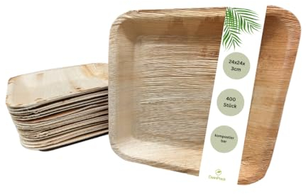 DeinPack 400 Palmblatt Teller eckig 24x24x3cm | Bio Einweggeschirr biologisch abbaubar | Partygeschirr | Einmalgeschirr | Wegwerfgeschirr | Snackschale | Teller kompostierbar