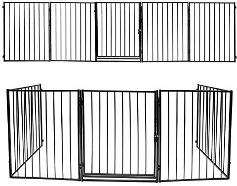 Eulenke Kaminschutzgitter mit Tür Metall 304cm Absperrgitter für Kinder, Ofenschutzgitter Laufstall faltbar, Tierschutzgitter Babygitter Sicherung inkl. 5 teilig Elementen (Schwarz)