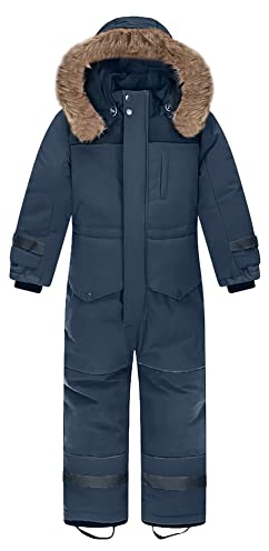 L SERVER Kinder Skianzug Jungen mit Kapuze Winddichte Wasserdichte Schneeoverall Mädchen Warmer Schneeanzug Dickere Skioverall mit Reflektierenden Streifen, Marineblau, 122-128