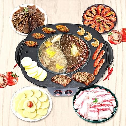 Hotpot Elektrisch Pot 2 in 1 Elektrischer Hot Pot Grill 2100W 220V Teilbarer Kochplatte Elektrogrill und Hotpot Rauchlos für 1-6 Personen