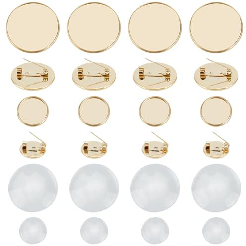 Beebeecraft 1 boîte de 20 accessoires de Broche de Plateau de 14/25 mm Fermoirs de Broche Dorés en Acier Inoxydable Base de Disque Plateaux Ronds Plats Vierges avec 20 cabochons en Verre de 14/25 mm