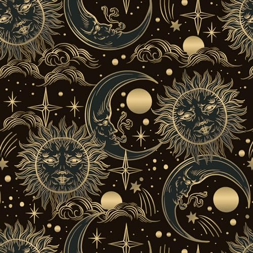 WENMER Celestial Wallpaper 17.3” X 118” Boho Peel and Stick Wallpaper Black and Yellow Contact Paper Sun/Moon/Star Gothic Wallpaper Removable Self Adhesive Vintage Wallpaper for Wall Decor Mural