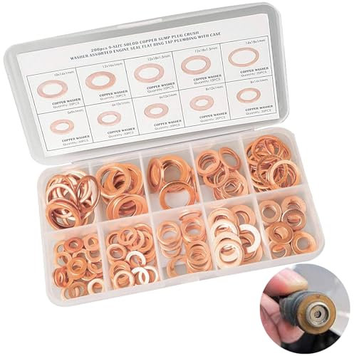 200 Pcs Multi size Solid Copper Washers Set, M5-M14 Sizes Metric Washer Set Hardware Accessories, Copper Sump Plug & Brass Flat Washers with Storage Box