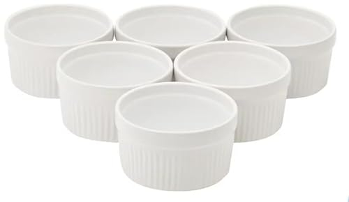 WishDeco Lot de 6 Ramequins, 200 ml Ramequin Creme Brulee, Moules à Soufflé en Porcelaine, Plat à Four Blanc pour Muffin, Gâteau, Dessert, Sauce