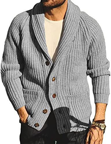 Runcati Mens Cardigan Knitted Chunky Jacket Shawl Collar Cable Knit Loose V Neck Knitwear Outerwear, Grey, L