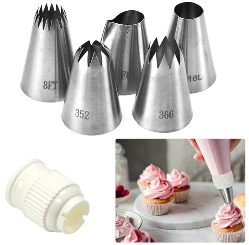 LPAMABA 5er Groß XL Spritztüllen 304 Edelstahl Tüllen für Spritzbeutel Spritzsack mit Adapter Profi Spritztüllen zum Dekorieren von Kuchen Torten Cupcakes Churros Krapfen Keks Spülmaschinengeeignet