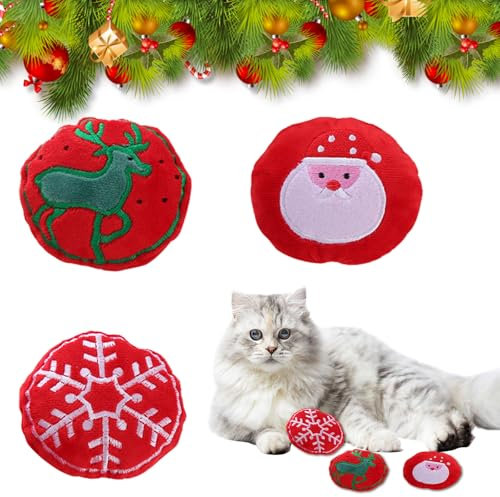 Valicaer Weihnachten Katze Katzenminze Spielzeug,3Pcs Weihnachten Katzen Spielzeug Haustier Interaktives Spielzeug Kauspielzeug Plüschkissen Weihnachtsmann Katzenkissen mit Katzenminze für Innenkätzch