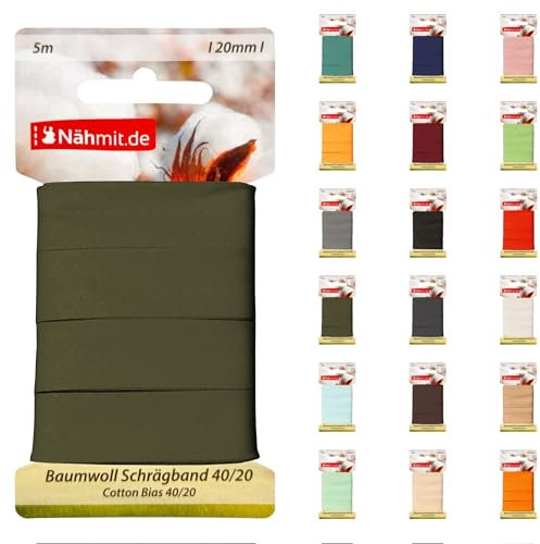 Nähmit 5m Karte Baumwoll Schrägband, 100% Baumwolle 20mm Breit - 40/20 vorgebügeltes Schrägband (A17-Olivegrün, 5m Karte)