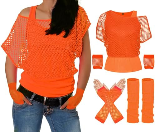 ELFIN 80s 90s Outfit Women, Fishnet Shirt, Tank top, Leg Warmer, Mesh Gloves, 80s Fishnet Top, Women's Tops, Neon Shirt, 80s Costume Clothing Theme Party Accessories