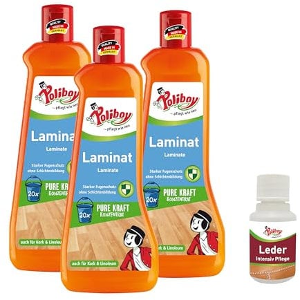 POLIBOY Laminat Reiniger - Bodenreiniger für Laminat, Linoleum und Kork – Reinigungskonzentrat mit Orangenduft - 3x 500 ml - Mit Produktprobe - Made in Gemany