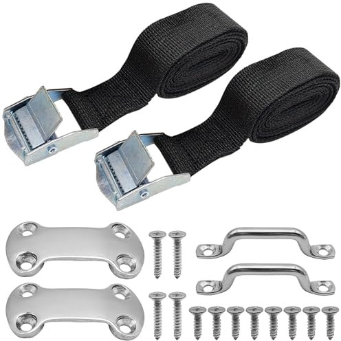 Cooler Tie Down Kit, 14 Pcs, 1x 56(4.7 ft) Battery Tie Down Strap with Stainless Steel Cam Buckle, Bracket and SS Screws, Fixed Straps for YETI and RTIC Coolers to Boats Luggage Belt Cars Truck Bed