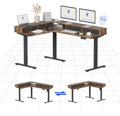 FLEXISPOT Höhenverstellbarer Schreibtisch Elektrisch, Höhenverstellbarer L-förmiger Schreibtisch mit flexiblem Design und Stauraum, Eckschreibtisch mit Schublade(Braun)