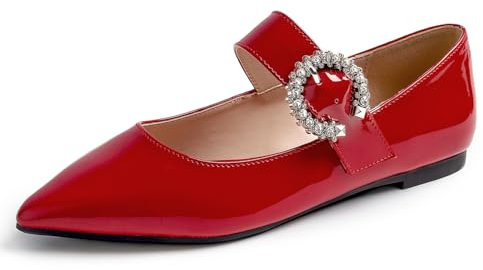 Feversole Women's Pointed Toe Patent Ballet Flat,Punta da Donna Balletto in Vernice per Balletto Maryjane Fibbia con Strass in Vernice rossa39 EU