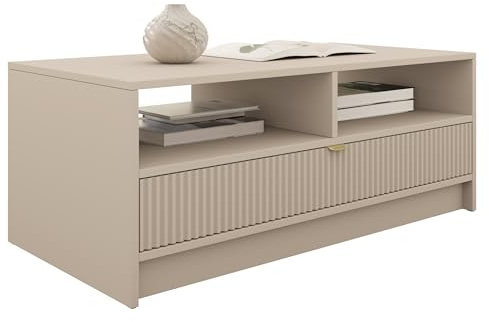 Mirjan24 Couchtisch Tireno 1SZ mit Schublade (Sandbeige) | Kaffeetisch mit geriffelter Front, goldfarbenem Griff und Ablagefächern für Fernbedienungen, Zeitschriften und Zubehör