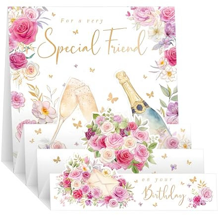 Noel Tatt Biglietto di compleanno pop-up 3D per un'amica speciale, biglietto di auguri di compleanno con champagne e rose e finiture speciali, biglietto di compleanno per donne