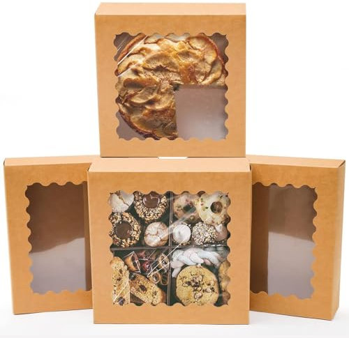 Gcardist Auto-pop Up Brown 25.4x25.4x6.4cm 20Pcs Cookie Box with Window Pastry Macaron Bakery Box For Packaging (10x10x2.5 inch)