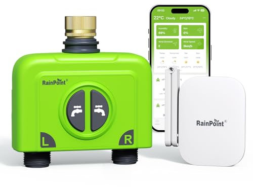 RAINPOINT Timer Irrigazione WiFi 2 uscite, Centralina Irrigazione con Gateway dell'antenna RF 150m, Intelligente Programmatore Irrigazione per Giardino con APP/Vocale Controllo, 2x6 Plans