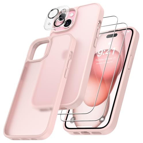 FLLAO 4 in 1 Handyhülle für iPhone 15 Hülle mit 2 Schutzfolie und 1 KameraSchutz, [Integriertes Luftkissen] Stoßfest Kratzfest Weich TPU Schutzhülle für iPhone 15, Rosa