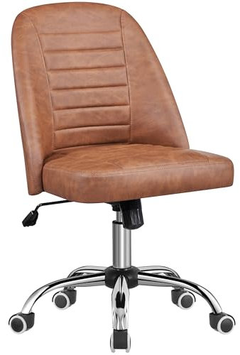 Yaheetech Faux Leather Mid Back Armless Office Desk Chair Modern Adjustable Swivel Vanity Chair with Rolling Wheels, Retro Brown