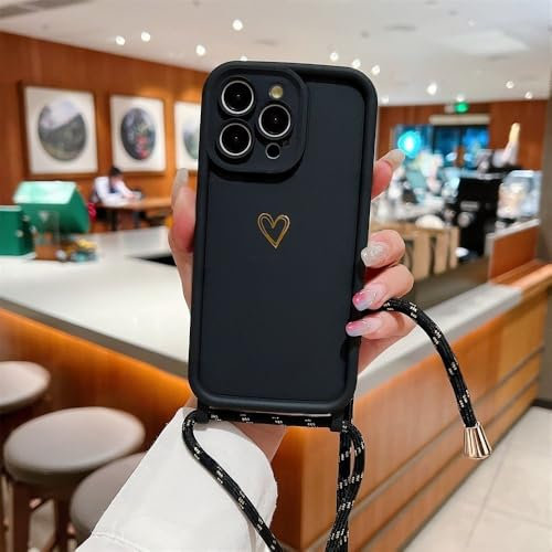 ZSUFCBF Crossbody-Halskette, Schultergurt, Liebesherz, Silikon-Handyhülle für iPhone 16 15 14 13 12 11 Pro Max 7 8 Plus XX XR XS Hülle, Schwarz, Für iPhone 13