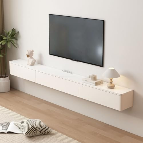 Cream Wall-Mounted Solid Wood Floating TV Stand - Modern Media Console with Drawers for Living Room & Bedroom - Stylish Entertainment Center & Shelf Unit (120x20)