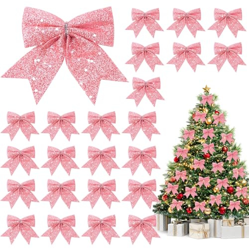 Shining She Glitter Pink Christmas Bows Decorations, Small Christmas Tree Bow Ornaments, Sequin Bow Ties for Xmas Wreaths, Garland, Tree Decoration (Pink 24PCS Mini)