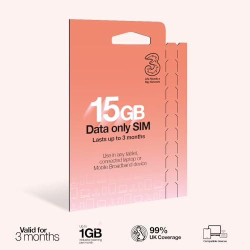 Three PAYG Mobile Broadband SIM, Pre-loaded with 15GB of Data that Lasts up to 3 Months