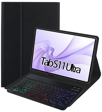 SUEEWE Tastatur Hülle für Samsung Galaxy Tab S11 Ultra 14,6 2025, TPU Rückseite Hülle mit 3 Bereich 7 Farbe Beleuchtete Abnehmbarer QWERTZ Tastatur, Schwarz