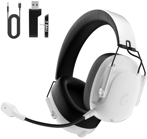 Rumoon Wireless Gaming Headset for PS5, PC, PS4, Switch, Gaming Headset with Detachable Noise Cancelling Mic, 2.4GHz & Bluetooth 5.3 Dual Connection, 7.1 Surround Sound, White