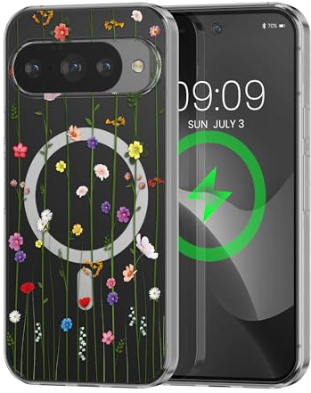 kwmobile kristallklares Hardcase kompatibel mit Google Pixel 10 / Pixel 10 Pro Hülle - kompatibel mit MagSafe - Acryl-Hülle mit TPU Case - Wildblumen Ranke