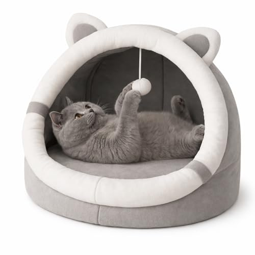QLS Plüsch Katzenhaus mit Kissen 31x30x28cm – warmes, weiches Katzenbett, Katzenhöhle Grau