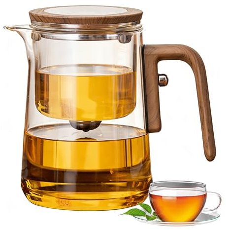 Teteras de Cristal,Tetera de cristal para separación de agua con filtro y mango de madera,Tetera mágica para té a Infusiones,tea infuser regalos para los amantes del té (800, Mililitros)